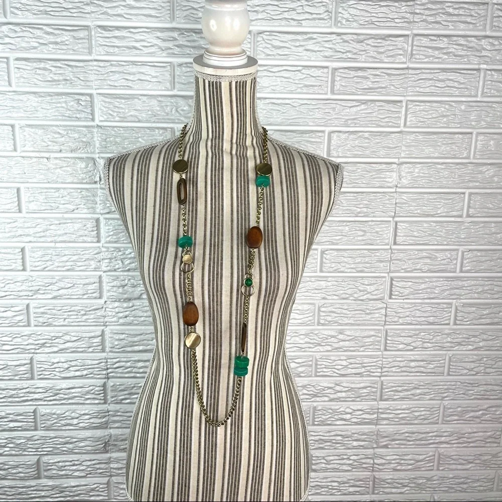 Chico’s Long Gold Tone Statement Necklace Brown Faux Wood and Green Beads - Picture 2 of 5